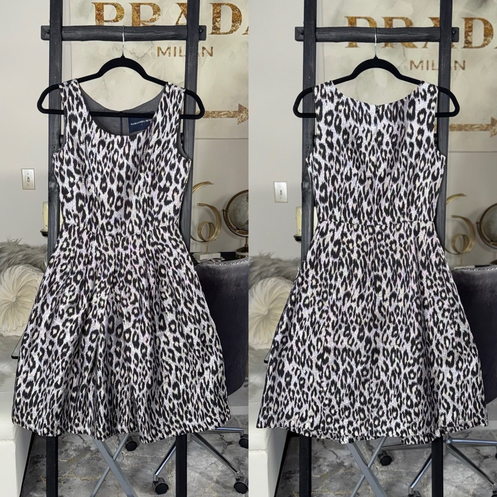 Samantha Sung Silk Leopard Fit And Flare Dress Womens 2 Silver Black Ivory Work